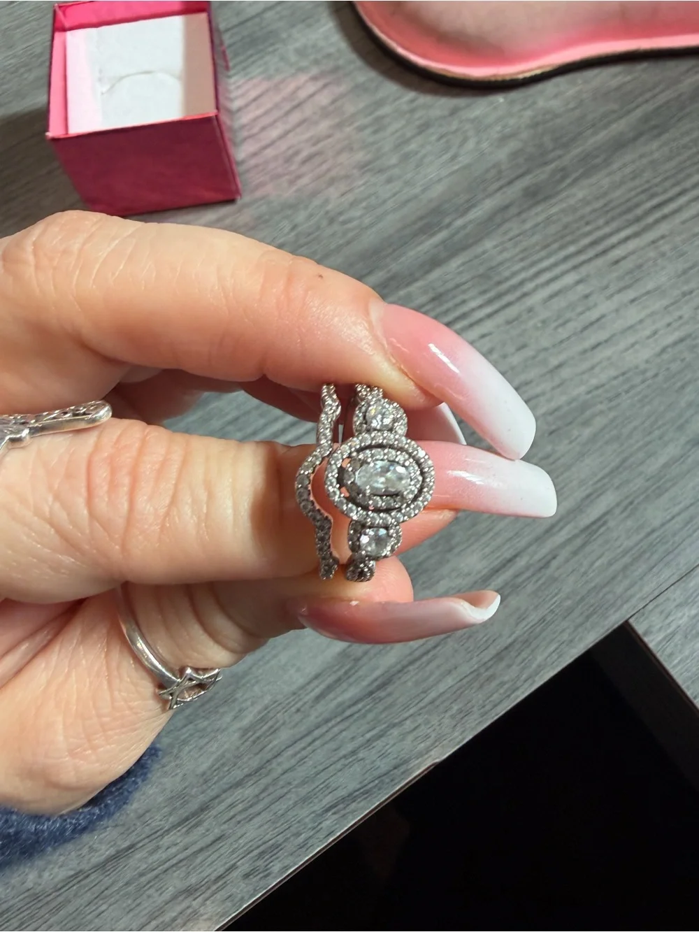 Silver-Tone Oval Halo Cubic Zirconia Women's Ring - Silver Size 8